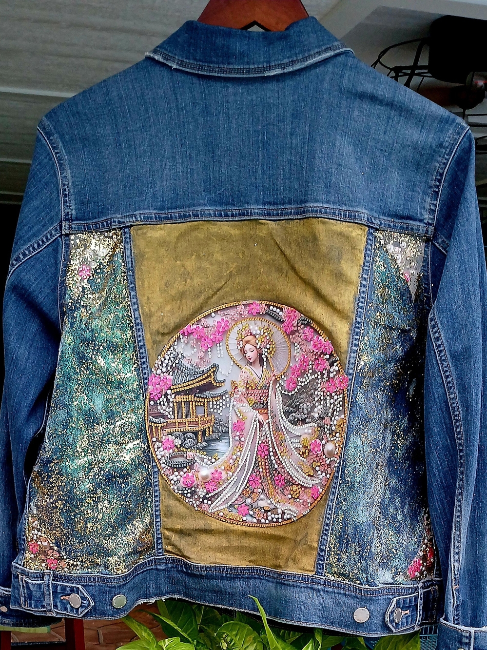 EVRI Blue Denim Jacket with Gold Panel and Pink Embroidery